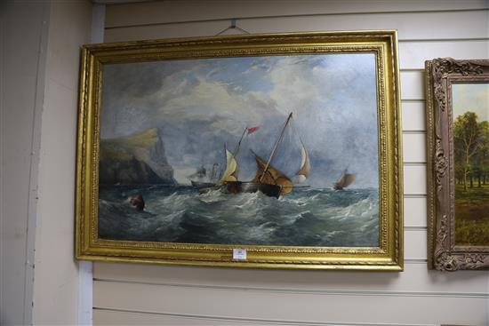 James Webb (1825-1895), oil on canvas, Shipping along the coast, signed, 60 x 90cm